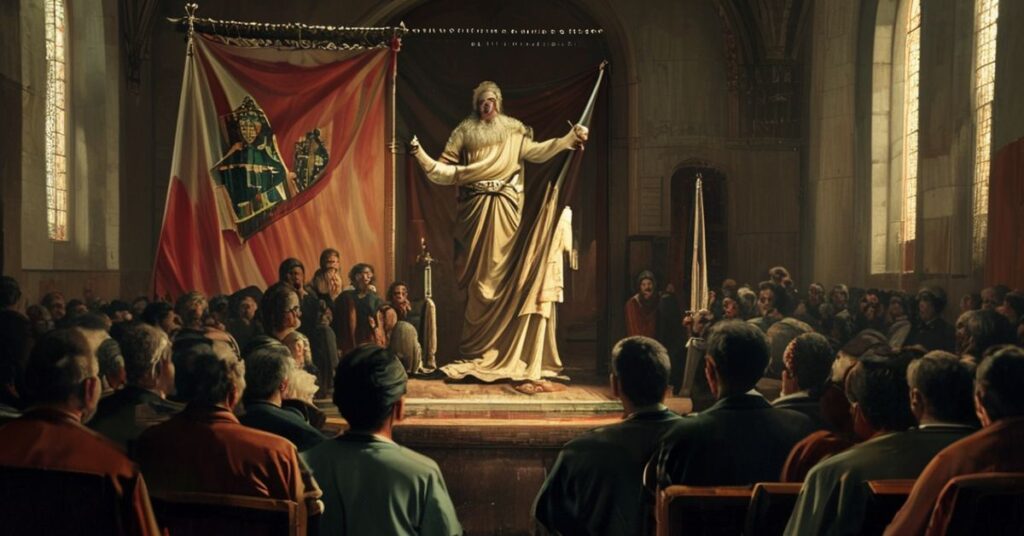 Scena w kościele w Meksyku przedstawiająca 'kardynała' José Francisco Roblesa Ortegę przemawiającego do zaniepokojonej wspólnoty parafialnej. Tło ukazuje zapomniany obraz Chrystusa Króla i rozdartego sztandaru Cristeros.