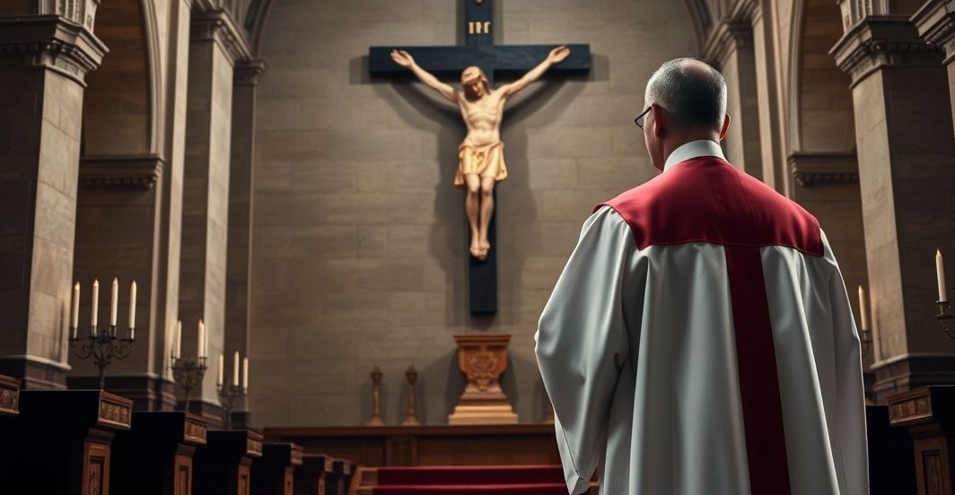 Kardynał w kościele ostrzegający przed kryzysem moralnym i genderową rewolucją Kardynał w sutannie stojący przed krucyfiksem w kościele, wyrażający powagę i troskę o moralny kryzys związany z mutilacją płci dzieci