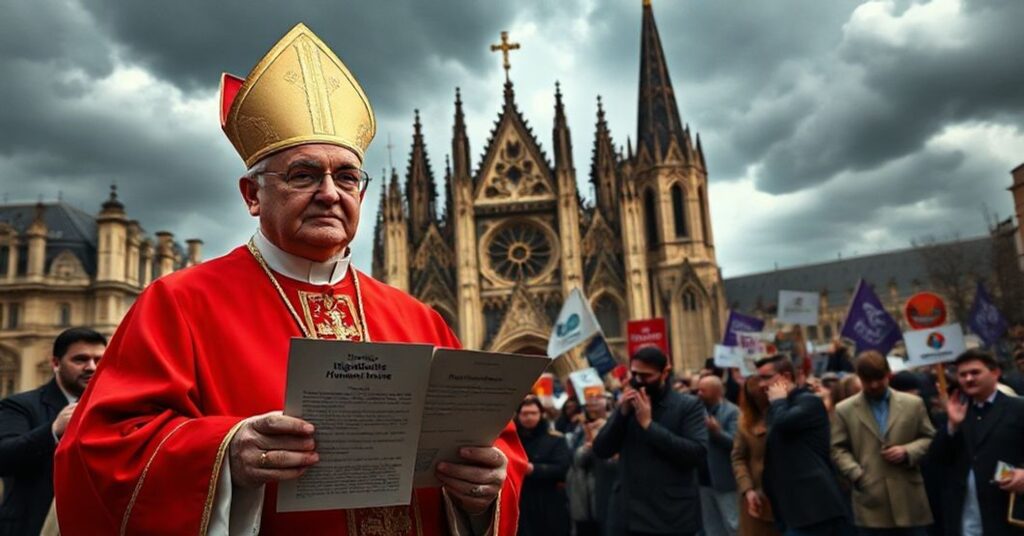 Kardynał w tradycyjnym habitacie kościelnym stoi przed starożytną katedrą katolicką, trzymając dokument o nazwie 'Dignitatis humanae', jego wyrażenie poważne wobec tłumu współczesnych laików promujących wolność religijną.
