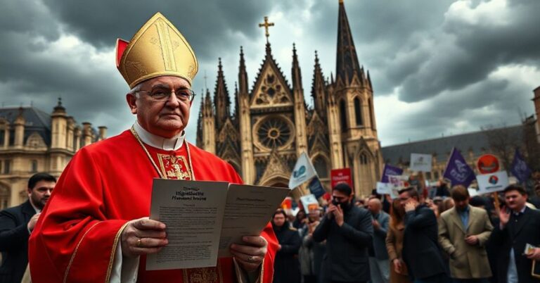 Kardynał w tradycyjnym habitacie kościelnym stoi przed starożytną katedrą katolicką, trzymając dokument o nazwie 'Dignitatis humanae', jego wyrażenie poważne wobec tłumu współczesnych laików promujących wolność religijną.