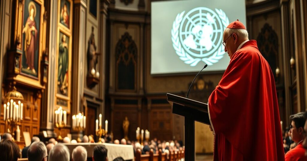 Tradycyjny wnętrze kościoła z kardynałem w szkarłatnych szatach, przemawiającym z ambony przed zgromadzeniem. Na tle widnieje projektowany obraz siedziby ONZ. Scena podkreśla kryzys duchowy i apostazję dyplomatyczną opisane w artykule.