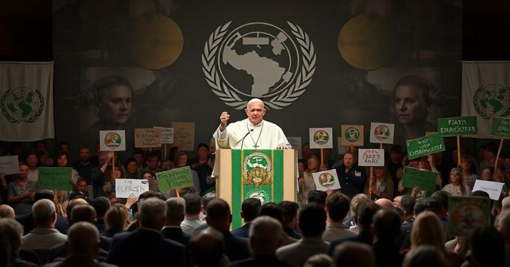 Kardynał Parolin podczas COP30 w Belém (2025). Scena przedstawia fałszywe nauki ekologicznej idolatrii zastępującej prawdziwą wiarę katolicką.