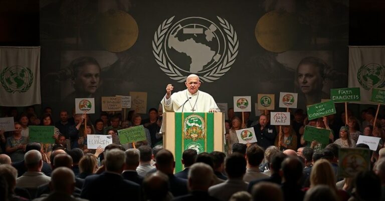 Kardynał Parolin podczas COP30 w Belém (2025). Scena przedstawia fałszywe nauki ekologicznej idolatrii zastępującej prawdziwą wiarę katolicką.