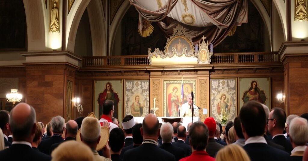 Kardynał Pietro Parolin w tradycyjnej kaplicy katolickiej z listem w ręku przed encykliką Quas Primas