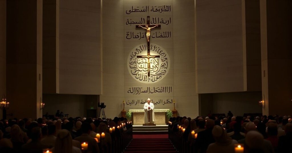Wnętrze kościoła "Our Lady of Arabia" w Kuwejcie podczas ceremonii podniesienia do rangi bazyliki mniejszej z udziałem kardynała Parolina