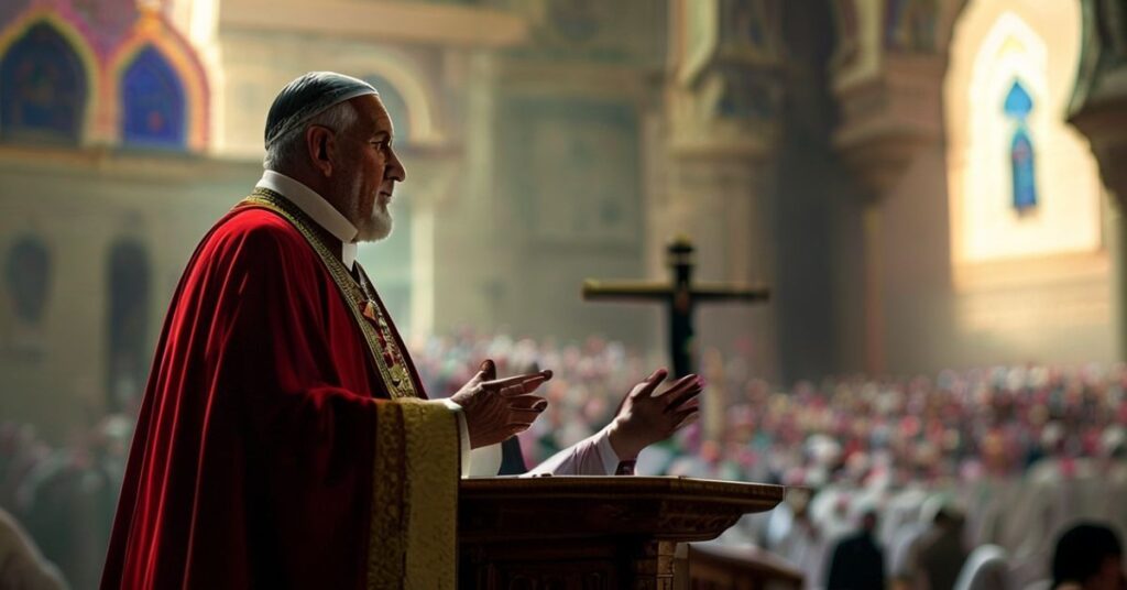 Kardynał Pietro Parolin przemawia w konkatedrze Świętej Rodziny w Kuwejcie, z migrantami w tle. Scena jest oddzielona subtelnym światłem. Gesto kardynała sugeruje mowę o 'duchowej harmonii'. W tle widoczny jest krzyż chrześcijański.