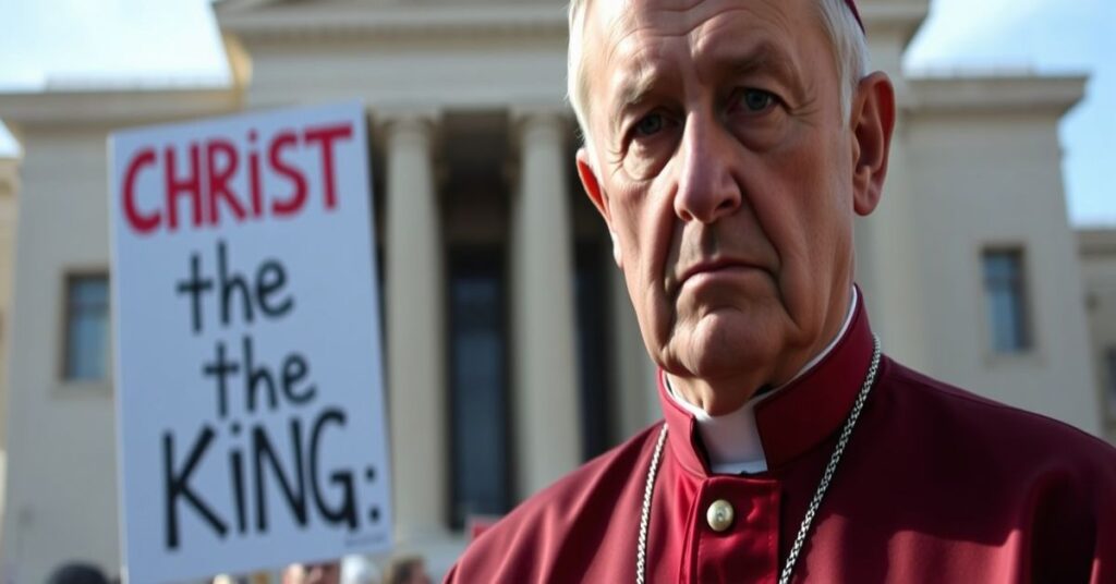 Kardynał Pietro Parolin w tradycyjnym stroju watykańskim przed siedzibą ONZ, symbolizujący apostazję Kościoła przez odrzucenie misji Chrystusa Króla.