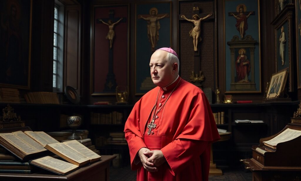 Kardynał Pietro Parolin w tradycyjnym katolickim otoczeniu rozmyśla nad kontrowersją dotyczącą błogosławieństw par homoseksualnych przez niemieckich 'biskupów'.