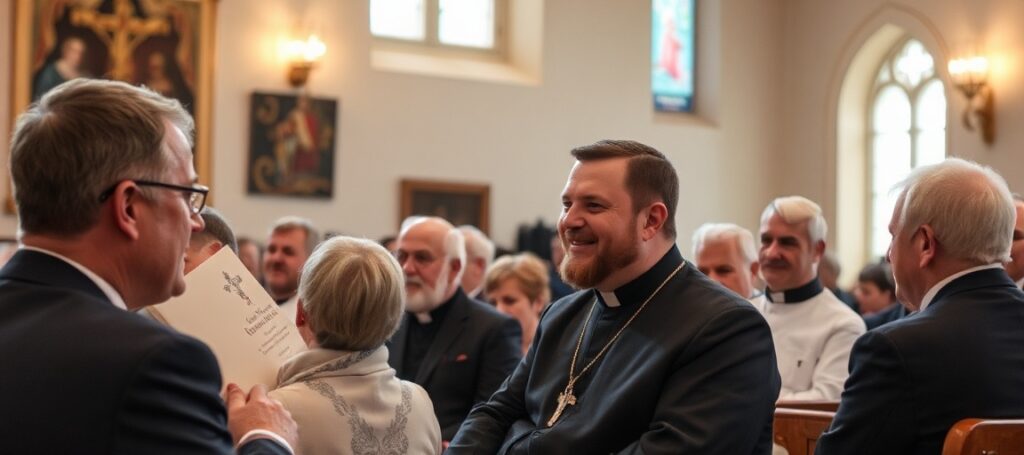 Kardynał Pietro Parolin w rozmowie z niemieckimi biskupami na tle katedry