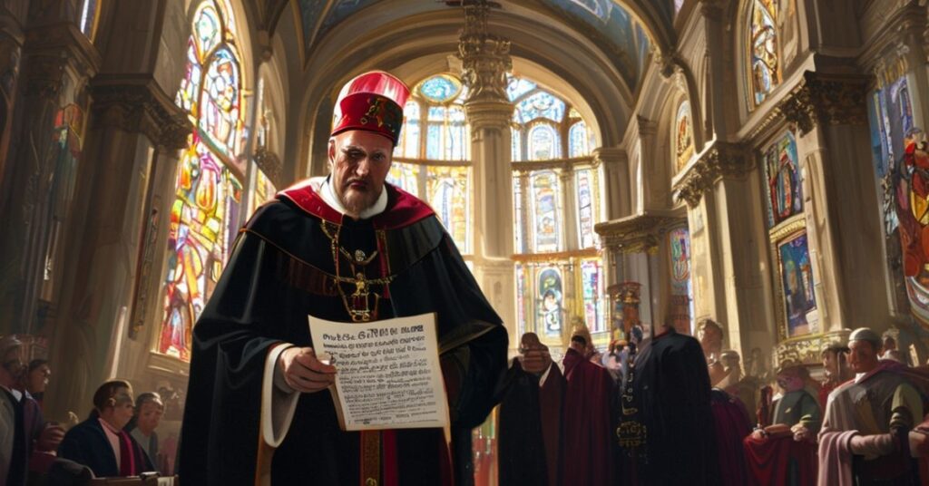 Watykański dygnitarz w tradycyjnym stroju kardynalskim stoi w wielkim watikanskim salonie, trzymając list od Rady Pokoju Donalda Trumpa.