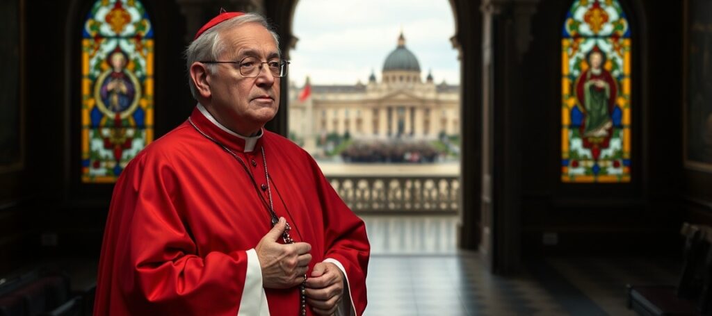 Obraz przedstawiający zmarłego kardynała Paula Emila Tscherriga w tradycyjnym katolickim otoczeniu
