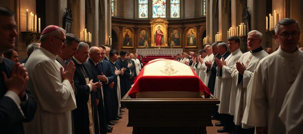 Zdjęcie przedstawiające kardynała Paula Tscherriga w tradycyjnym kościele katolickim podczas mszy pogrzebowej.