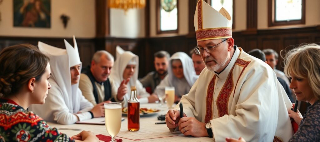 Kardynał Mauro Piacenza przemawia do młodych kapłanów w seminarium w Częstochowie na tle kościoła z monstrancją.