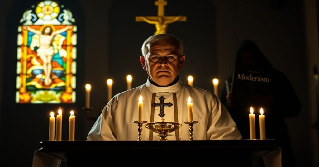 Tradycyjny katolicki ksiądz w kościele przed Najświętszym Sakramentem.