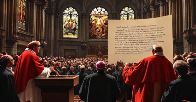 Kardynał Christophe Pierre przemawia do amerykańskich biskupów w katedrze podczas zgromadzenia USCCB o kontrowersyjnej interpretacji Soboru Watykańskiego II.