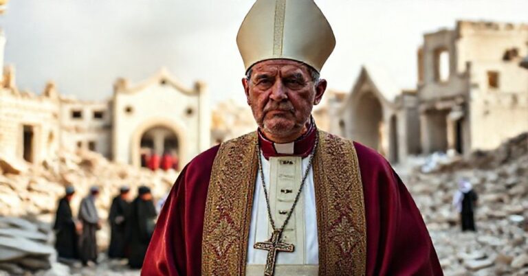 Sobór katolicki w ruinach Gazy z biskupem w tradycyjnych szatach liturgicznych