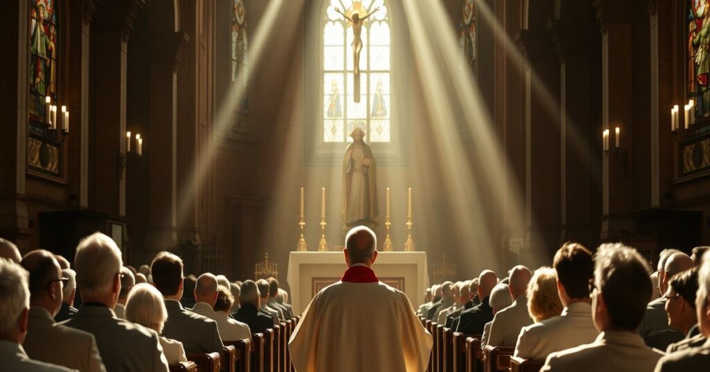 Wnętrze kościoła z tradycyjnym amboną, na którym kardynał Pierbattista Pizzaballa wygłasza kazanie. Przeźroczyste napisy z Biblii kontrastują z jego modernistyczną interpretacją.