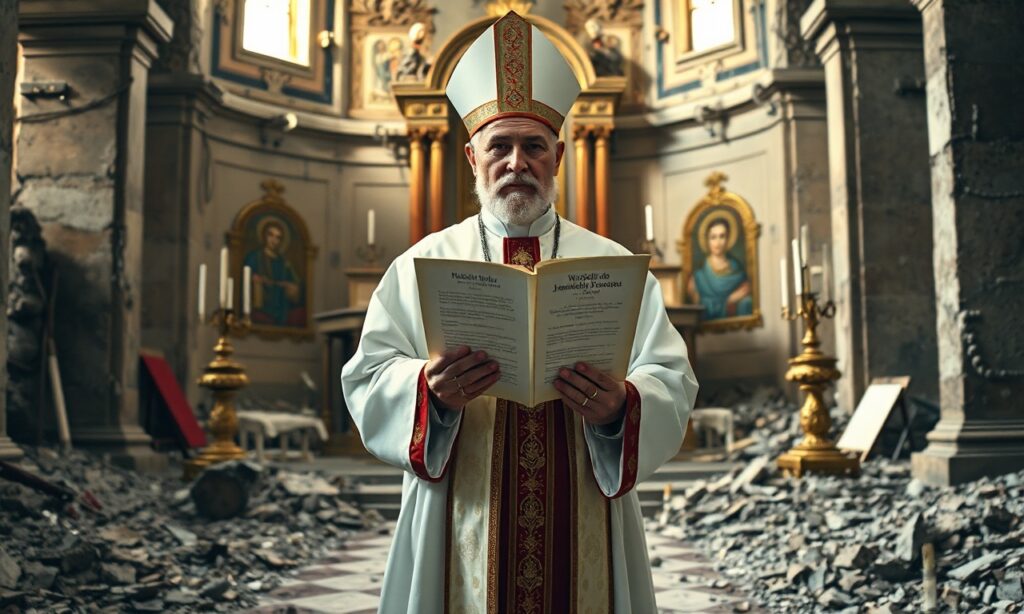 Kardynał Pierbattista Pizzaballa w kościele w Jerozolimie przed zniszczonym ołtarzem z listem pasterskim.