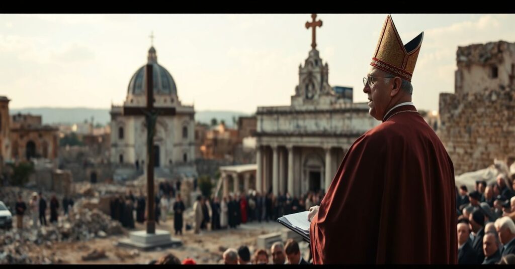 Kardynał Pierbattista Pizzaballa przemawiający w Ziemi Świętej na tle zniszczeń w Gazie i Kościoła Grobu Świętego