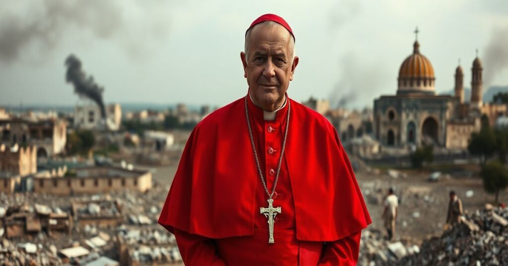 Portret Kardynała Pierbattisty Pizzaballi w czerwonej szacie kardynalskiej na tle wojny w Ziemi Świętej