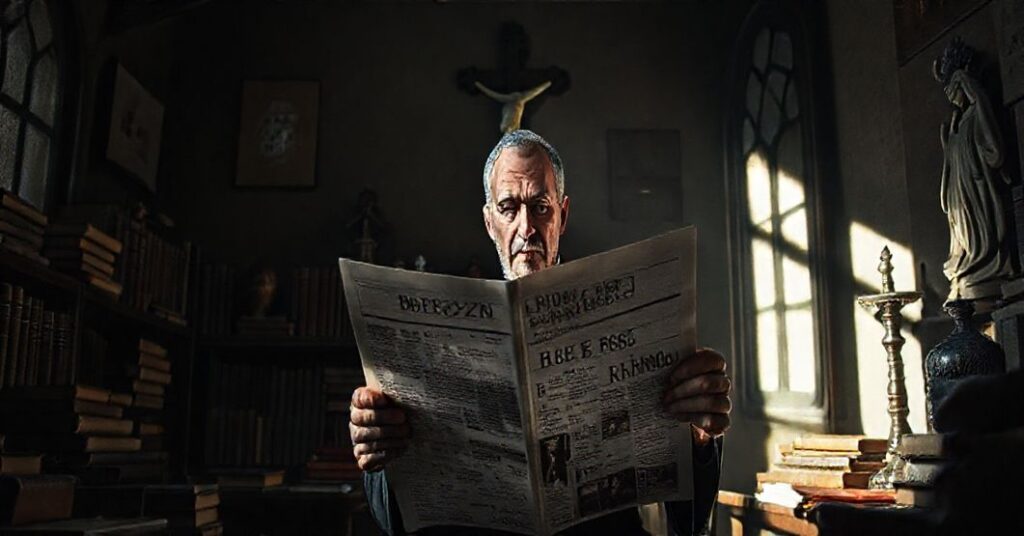 Oddalony ksiądz w zakrystii z gazetą o kardynale Pizzaballi i jego herezji modernistycznej bez Chrystusa Króla