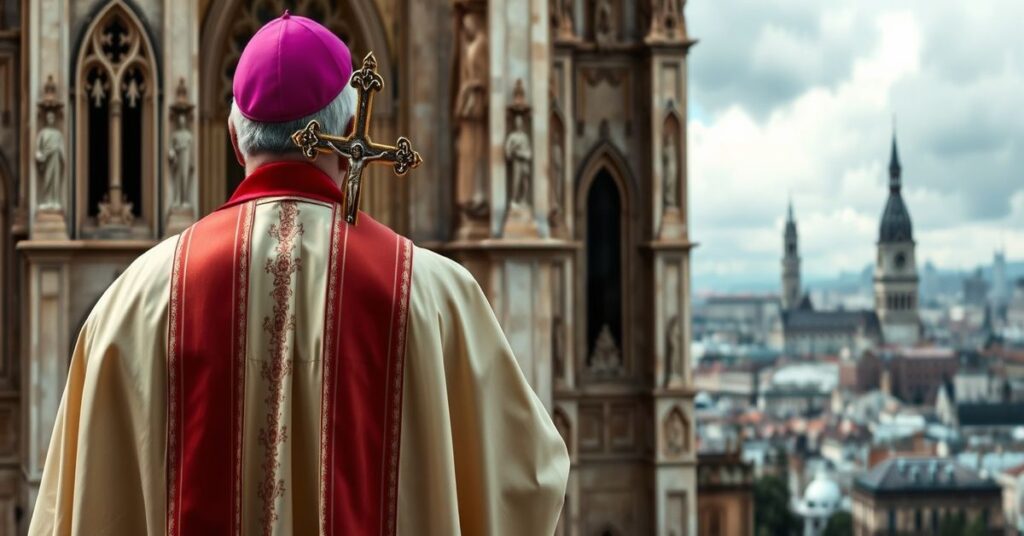 Kardynał w tradycyjnym stroju kościelnym modli się przed katedrą podczas politycznych napięć dotyczących wojny z Iranem