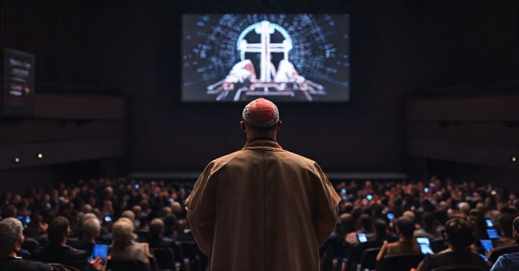 Kardynał w tradycyjnym strój liturgiczny stoi przed publicznością konferencji PAP, protestując przeciwko syntezie mediów z sztuczną inteligencją.
