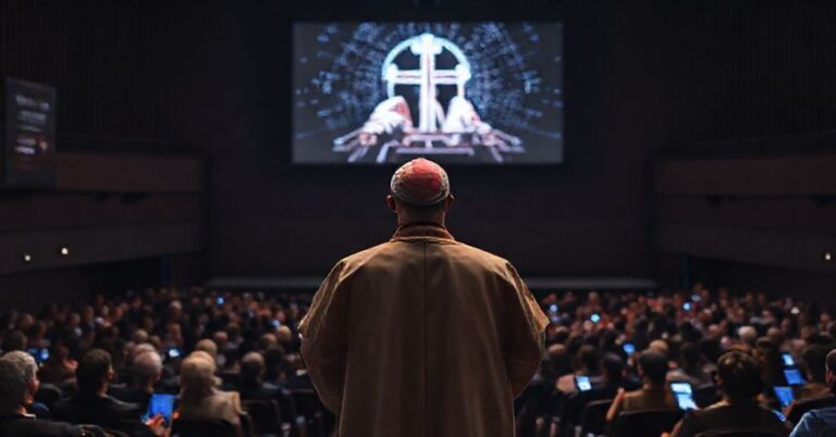 Kardynał w tradycyjnym strój liturgiczny stoi przed publicznością konferencji PAP, protestując przeciwko syntezie mediów z sztuczną inteligencją.
