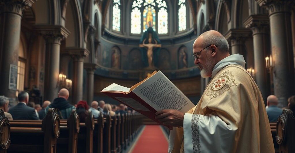 Rewerentny katolicki ksiądz w liturgicznym wnętrzu, odmawiający modlitwę obrony prawdziwej wiary przeciw herezjom modernistycznym