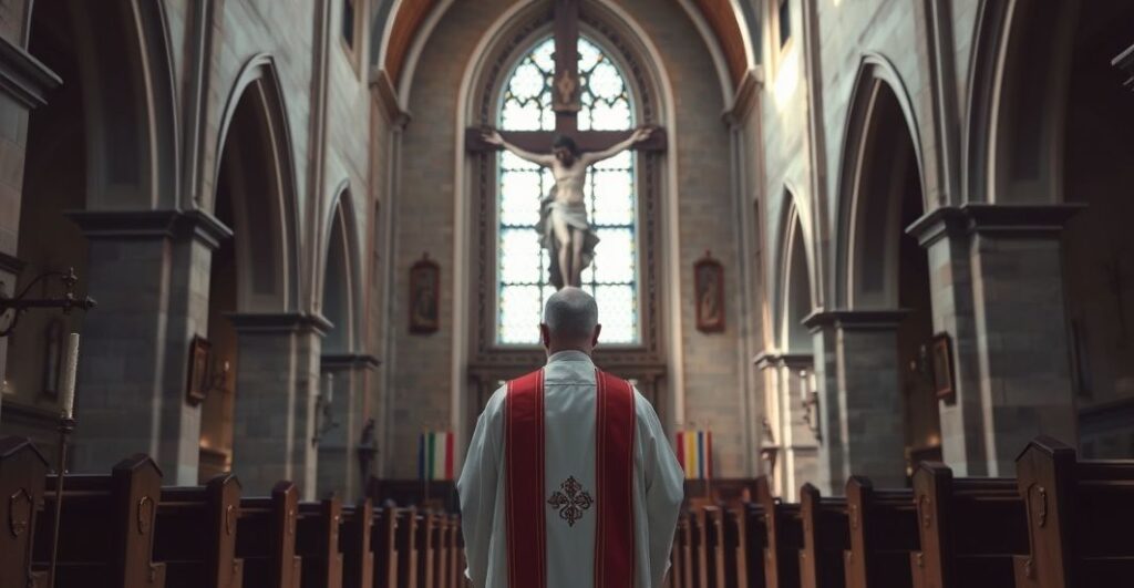 Kardynał w tradycyjnych szatach stojący w świątyni, symbolizujący duchową walkę z sekularyzacją i odrzuceniem Chrystusa Króla