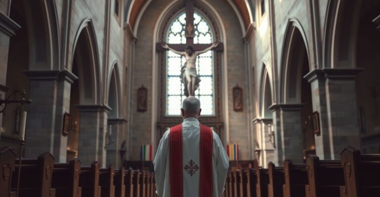 Kardynał w tradycyjnych szatach stojący w świątyni, symbolizujący duchową walkę z sekularyzacją i odrzuceniem Chrystusa Króla