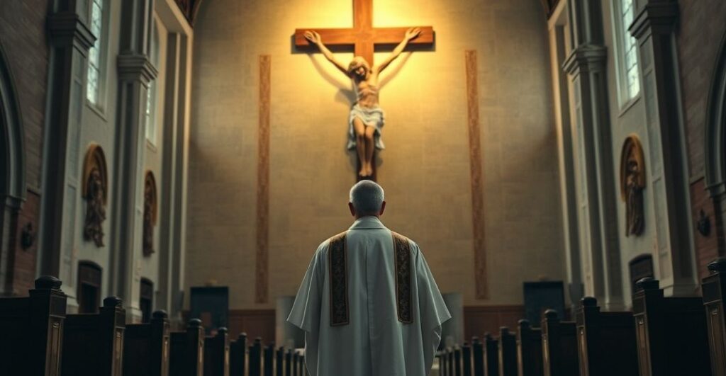 Ksiądz w tradycyjnych szatach przy krzyżu w kościele, refleksja nad moralną degradacją i potrzebą powrotu do Bożego prawa