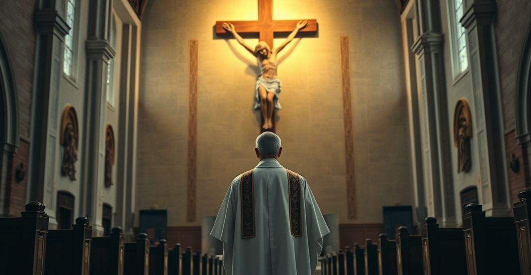 Ksiądz przy krzyżu - katolicka refleksja nad moralnym upadkiem Ksiądz w tradycyjnych szatach przy krzyżu w kościele, refleksja nad moralną degradacją i potrzebą powrotu do Bożego prawa