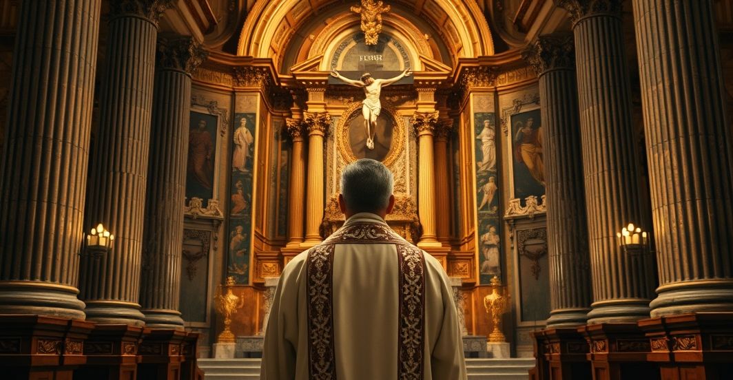 Ksiądz katolicki w tradycyjnych szatach przed ołtarzem z krzyżem, ukazujący powagę i refleksję nad moralnością i sprawiedliwością Bożą w obliczu politycznego chaosu w Brazylii