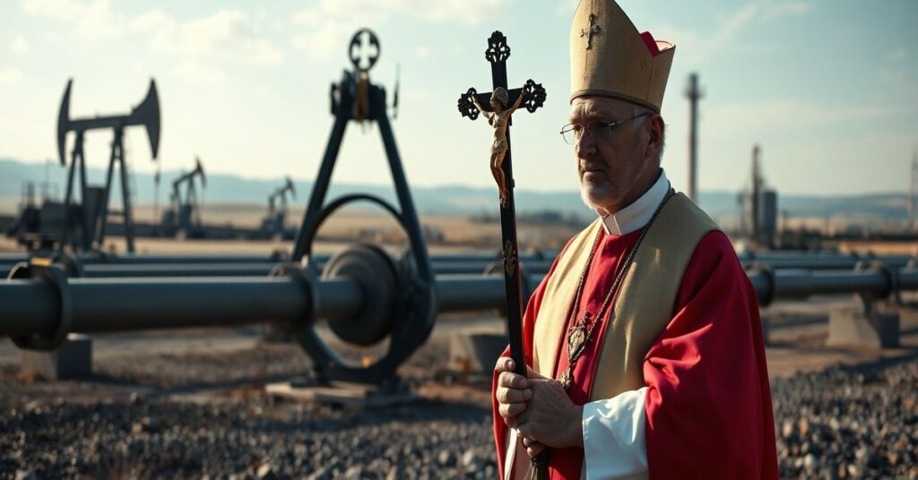 Kardynał w tradycyjnych szatach kościelnych trzyma krzyż przed rurociągiem na tle krajobrazu europejskiego.