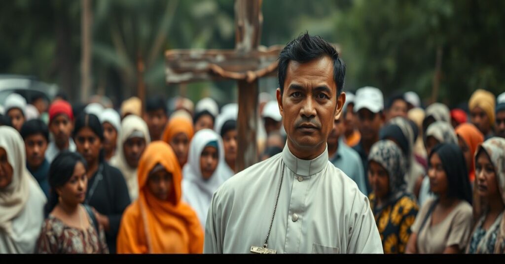 Jesusowi Quevedo stoi przed zróżnicowaną grupą ludzi na Mindanao, symbolizując fałszywą ekumeniczną jedność bez prawdziwej wiary katolickiej.