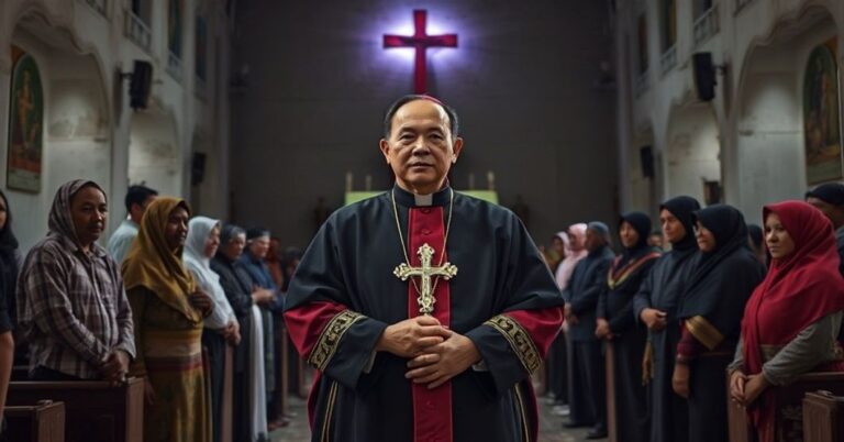 Kardynał Orlando Quevedo w ruinie kościoła w Mindanao otoczony przywódcami muzułmańskimi i animistami z nagrodą za pokój