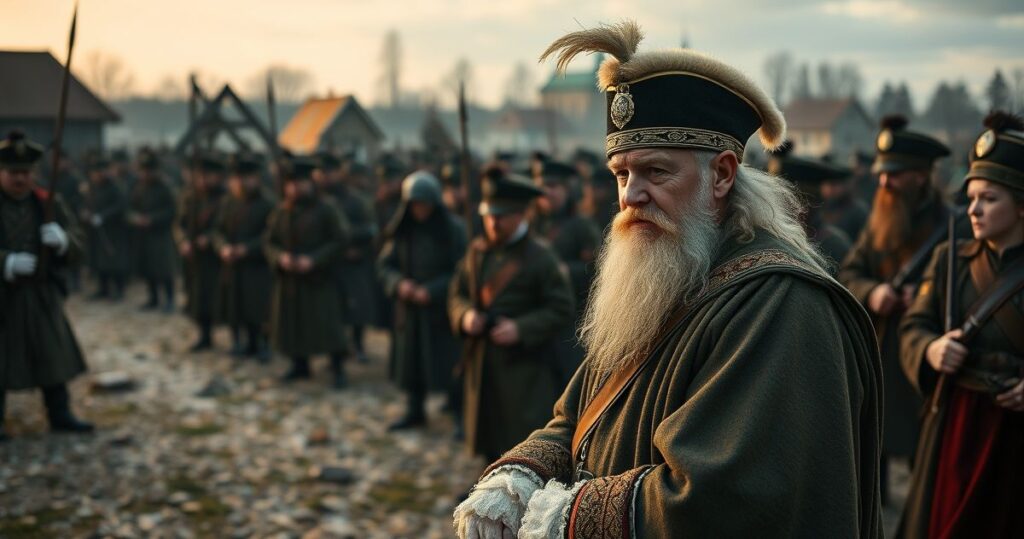 Duchowny w sutannie w rozmytej scenie refleksji i krytycznej kontemplacji wobec problemów Kościoła i wojny