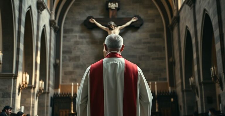 Kardynał w tradycyjnej sutannie w głębokiej refleksji przed krucyfiksem w starej katedrze, symbolizujący duchowe zagubienie i odwrócenie od prawdy Bożej