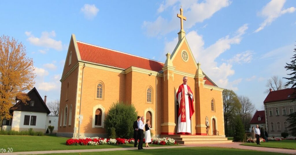 Kardynał Robert Sarah w tradycyjnym ornaty stojący przed ołtarzem w kościele.