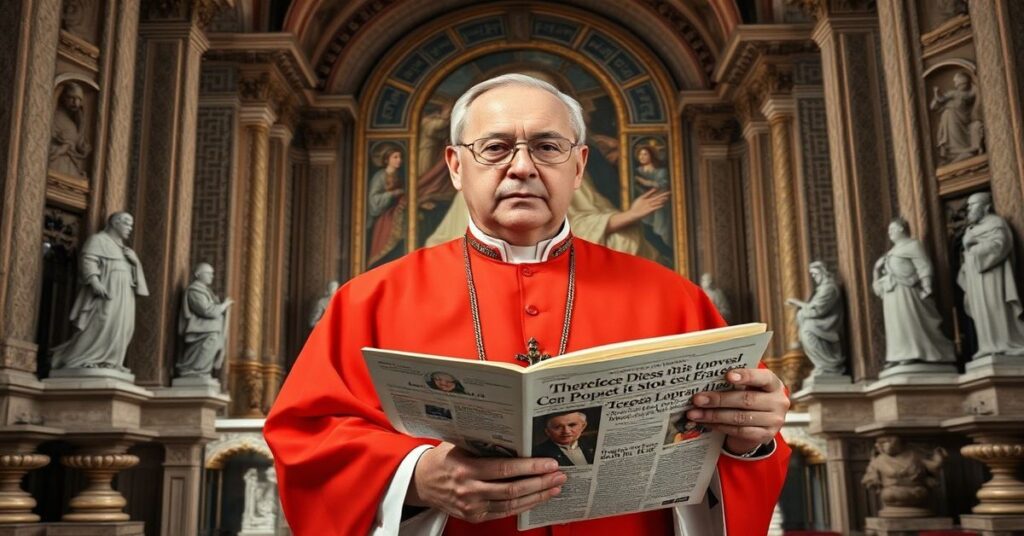 Pozorny kardynał Camillo Ruini w tradycyjnych szatach purpurowego kleryka przed ołtarzem degradującego się kościoła, symbolizującego upadek wiary w Kościele posoborowym