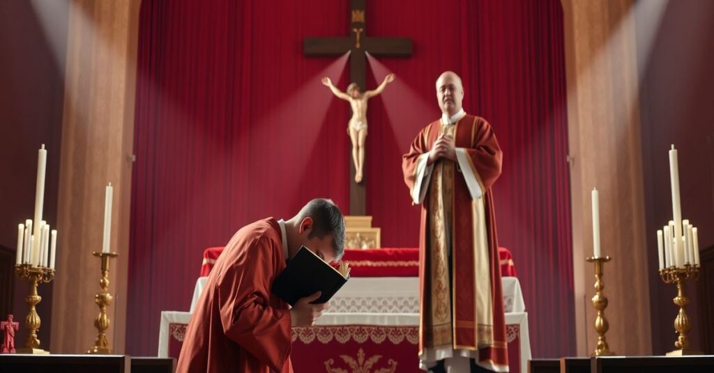 Tradycyjny ksiądz modli się przed krzyżem w kościele podczas gdy biskup nowoczesny stoi za nim z uchybionym wyrazem twarzy