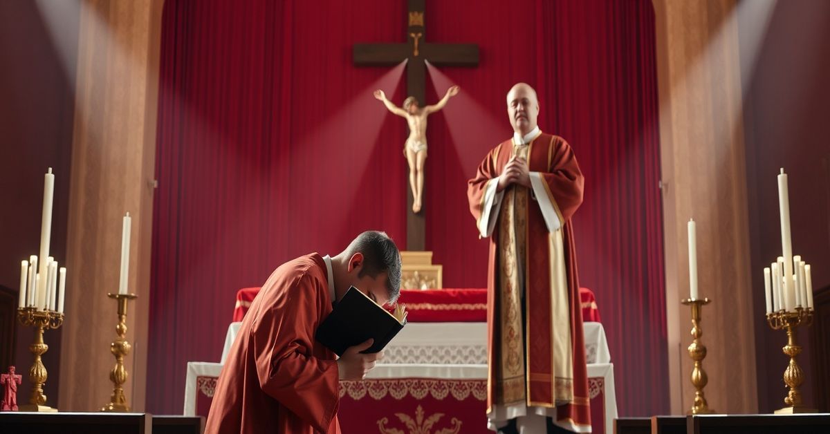 Tradycyjny ksiądz modli się przed krzyżem w kościele podczas gdy biskup nowoczesny stoi za nim z uchybionym wyrazem twarzy