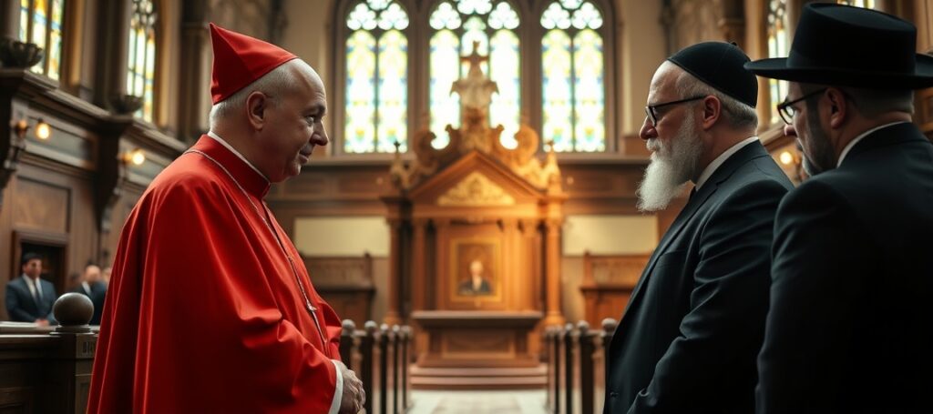 Kardynał Ryś i rabin Pasz podczas podejrzanego spotkania dialogowego w krakowskiej synagodze zamiast ewangelizacji - symbol apostazji w strukturach okupujących Kościół