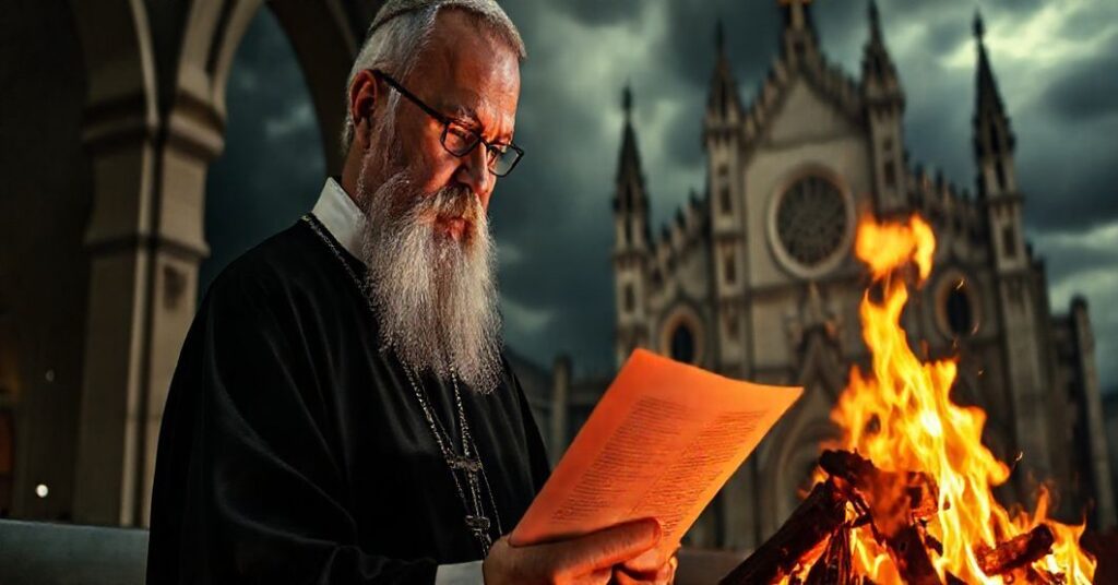 Portret tradycyjnego księdza katolickiego patrolującego tradycyjne katolickie wierzenia przeciw modernistycznej herezji