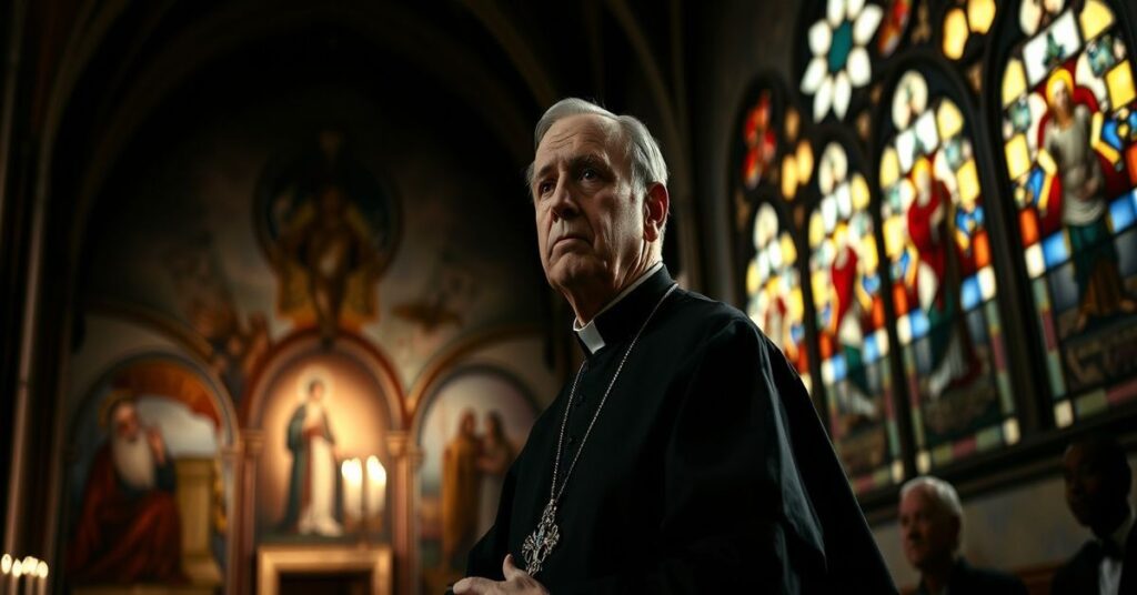 Obraz przedstawiający 'kardynała' Louisa Raphaëla I Sako w katedrze przy słabym oświetleniu z witrażami przedstawiającymi Chrystusa Króla, kontrastującym z ciemnymi cieniami apostazji. Jego twarz jest smutna i poważna podczas przemówienia do niewidocznego publiczności.