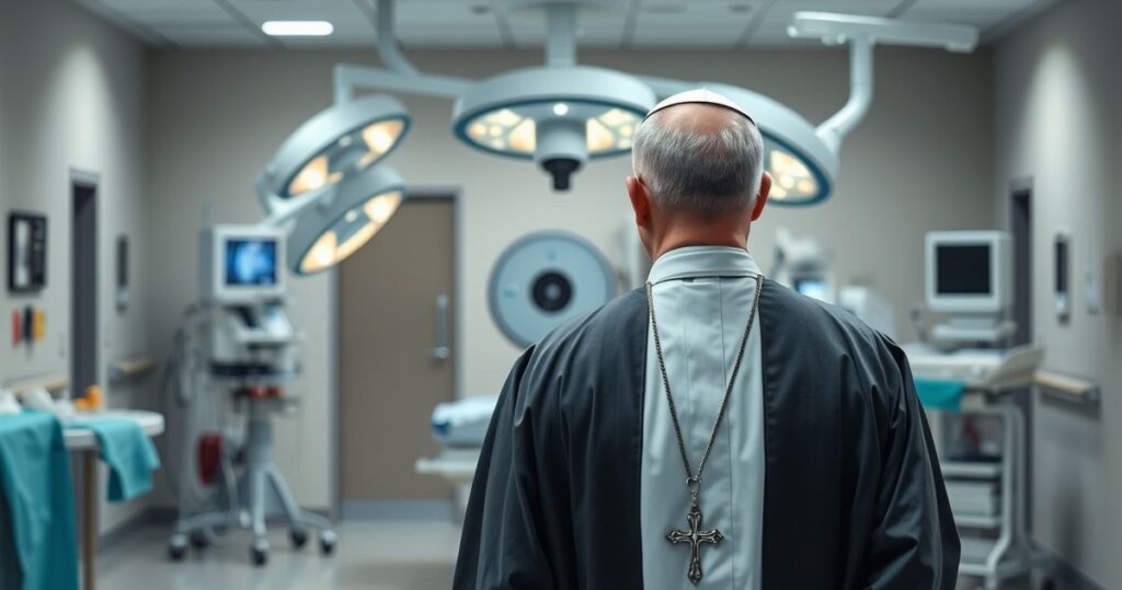 Kardynał w tradycyjnym stroju katolickim przed nową salą operacyjną, symbolizujący krytykę modernistycznego odejścia od nadprzyrodzonej misji Kościoła