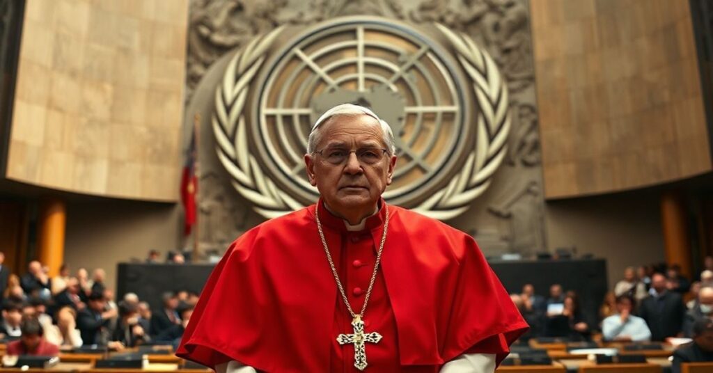 Kardynał Robert Sarah wypowiada się przed Zgromadzeniem ONZ na tle fresku Sądu Ostatecznego.