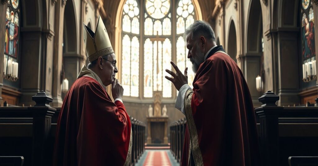 Kardynał Robert Sarah i John-Henry Westen w poważnej dyskusji na tle tradycyjnego wnętrza kościelnego.