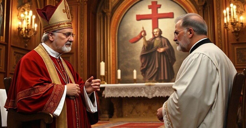 Kardynał Athanasius Schneider w tradycyjnej kaplicy katolickiej dyskutuje z Johnem-Henrym Westenem na temat męczeństwa w kontekście chrześcijańskiej nauki.